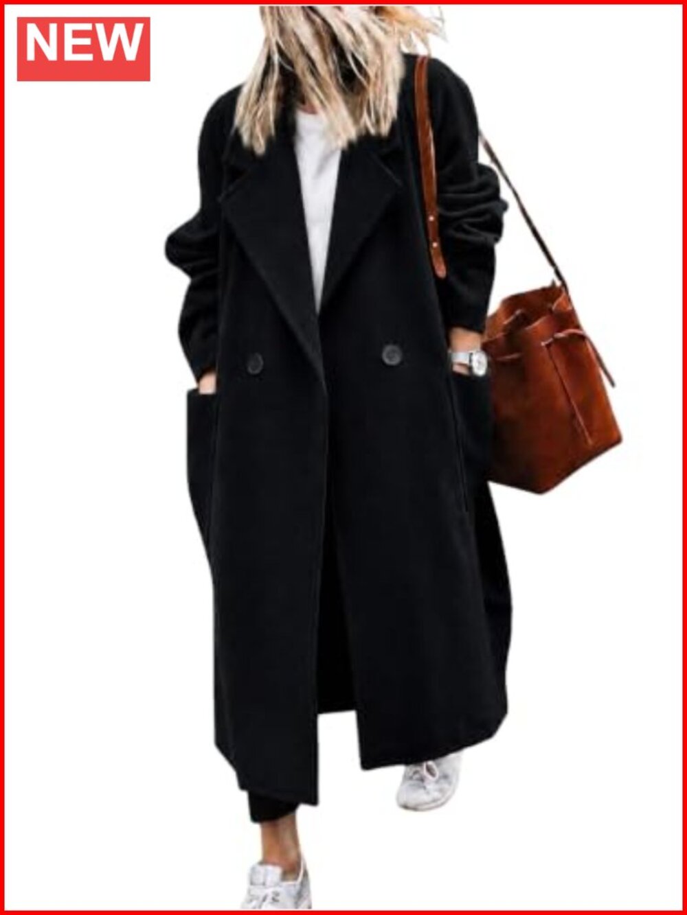 Long Wool Blend Trench Coat Notch Lapel Long Sleeve